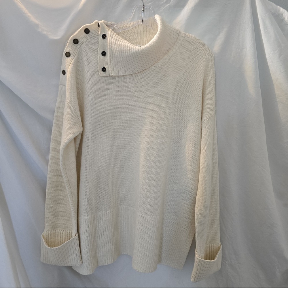 Brooks Brothers Womens Asymmetric Mock Neck Sweater Merino Wool Blend Cream Sz M